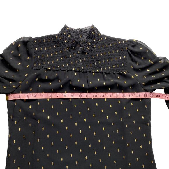WHBM Black & Gold Foil Dash Mock Neck Sheer Sleeve Blouse Small - Picture 13 of 16